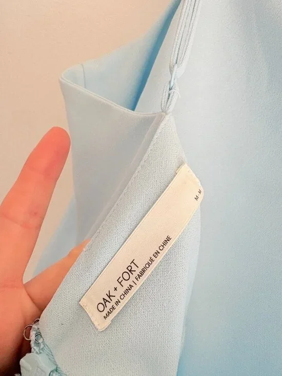 Oak + Fort Side Slit Ruched Midi Dress Light Blue Size Medium - Picture 6 of 7